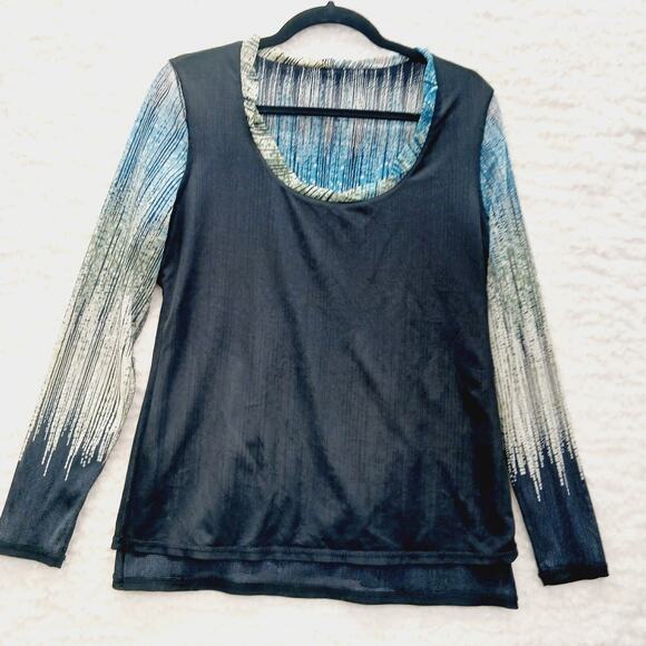 Blouse Size L Ombre Blue Lined Indie Liz Clairborne Retro Luxe Artsy Teacher Y2K - Picture 10 of 16